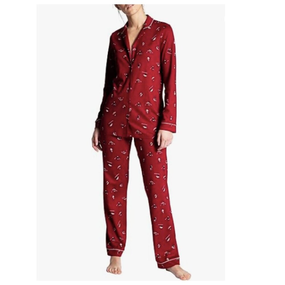 Calida Winter Dreams Cotton 2-Piece Pajama Set Red Skier Print Women's Size XS - Picture 2 of 10